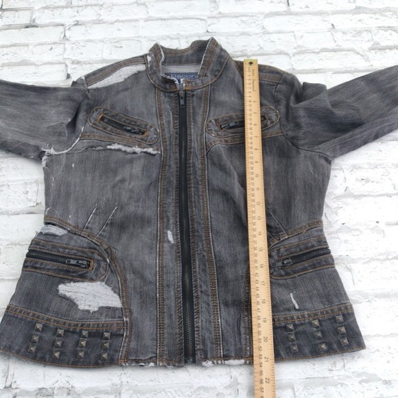 Baccini Jacket Womens Medium Blue Distressed Studded Destroyed Denim Motorcycle - Picture 4 of 12